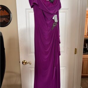 Alex Evenings Purple Maxi Dress with Brooch